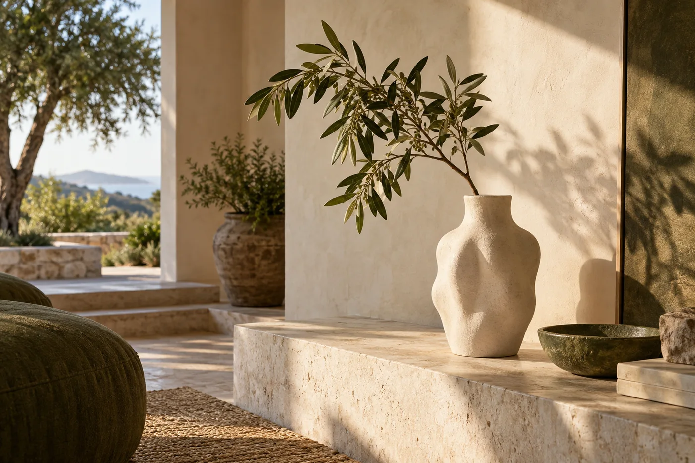 Interior luminoso com plantas e objetos de cerâmica